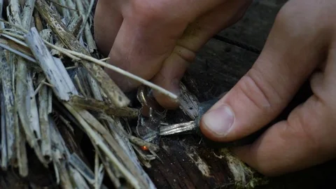 Lighting A Fire With Flint Stock Footage 91216062