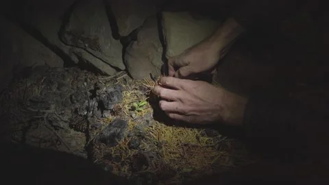 Lighting a fire at night Stock Footage 166706420