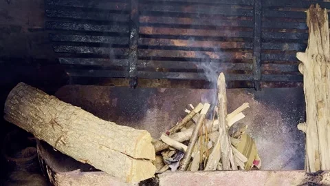 Lighting Fire in Outdoor Grill, Preparing Campfire for Riverside Picnic Stock Footage 334133770