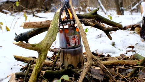 Lighting a fire in a wet forest with a hiking wood stove Vídeos de archivo 167743168