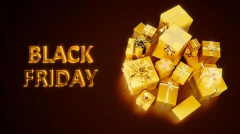 Lighting goldish many present boxes for black friday sell-out with text Illustrazione stock