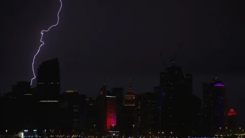Lighting hits skyscraper at night!!! Stock Footage