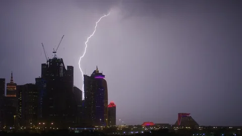 Lighting hits skyscraper at night Stock Footage 111196927