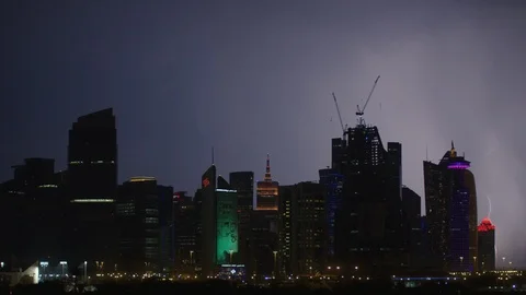 Lighting hits skyscraper at night! Stock Footage 111197063