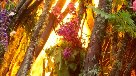 Lighting a huge bonfire decorated with meadow flowers Stock Footage 253394166