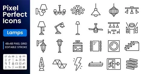 Lighting, interior lamp line icons set. Chandelier, ceiling fan, vanity mirror Stock Illustration