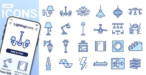 Lighting, interior lamp line icons set. Chandelier, ceiling fan, vanity mirror Stock Illustration