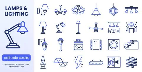 Lighting, interior lamp line icons set. Chandelier, ceiling fan, vanity mirror Stock Illustration