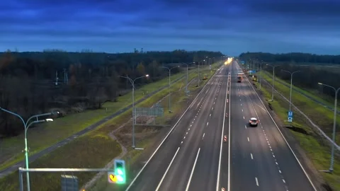 Lighting masts, road signs, pavement markings. Night time. Overhead View of Stock Footage 257769059