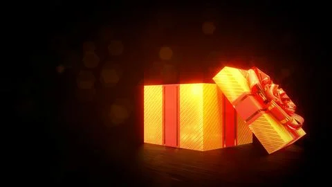 Lighting opened gold and red gift on dark backdrop - object 3D rendering Stock Illustration