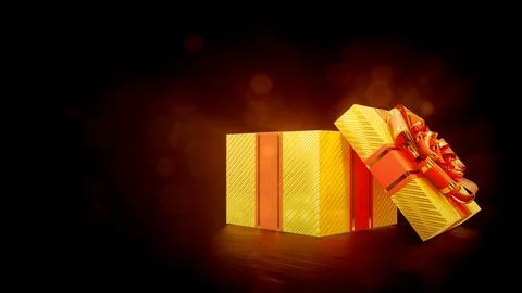 Lighting opened gold and red gift box on dark backdrop - object 3D illustration Stock Illustration