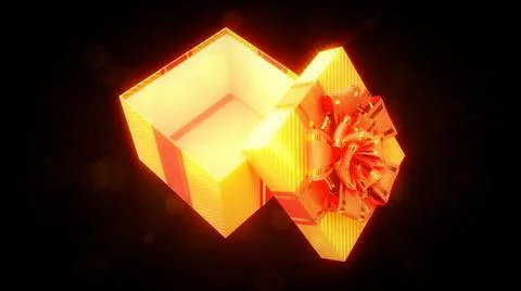 Lighting opened golden and red gift on dark backdrop - object 3D rendering Stock Illustration