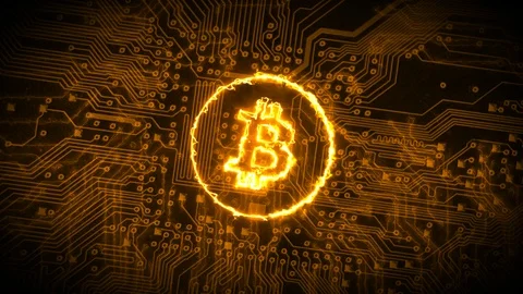 Lighting Orange Bitcoin Icon On Abstract Circuit Board Background Stock Footage