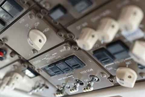 Lighting overhead panel in flight deck of 757. Stock Photos