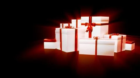 Lighting pile of presents on dark background - object 3D rendering 스톡 일러스트