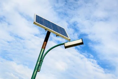 Lighting pole activated with an attached blue solar panel in Parcul Izvor Stock Photos