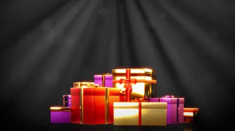 Lighting present boxes pile on dark backdrop - object 3D illustration Stock-Illustration