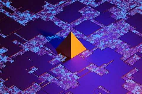 Lighting pyramid with connecting dots and lines. Shining blue triangles on dark Stock Illustration
