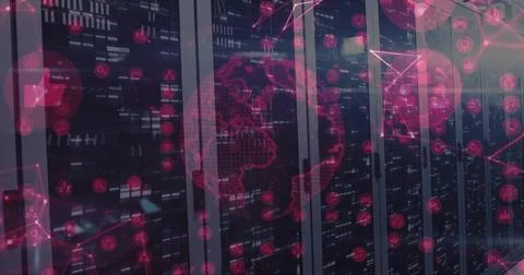 Lighting server racks in server room, showing blinking LEDs and red world map Stockfoto's