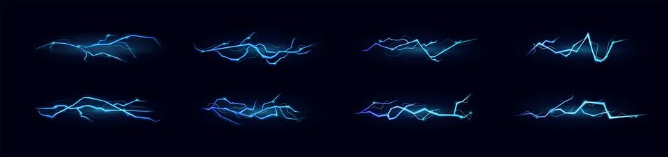 Lighting set, electric effects. Thunder crack, storm energy flash lightning, Stock Illustration