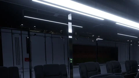 Lighting structure with seating in a modern interior space at night Stock Footage 345007305