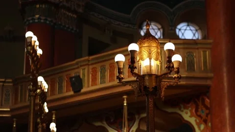 Lighting in the synagogue. Interior details. Sofia Synagogue Video stock 328317172
