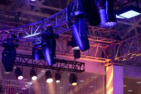 Lighting truss structures and stage light fixtures Stock Photos