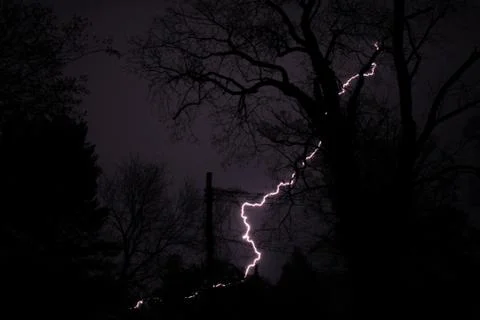 A Lightining Strike Behind Silhouetted Trees Stock Photos