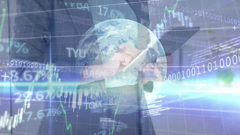Lightly tapping tablet initiating 3D globe and swiping rotating charts and code Stock Footage 318239286