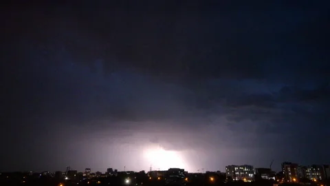 Lightning Above City Sky. Lightning Forks To Buildings Stock Footage 279729430