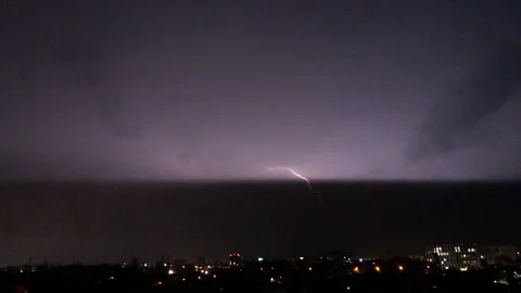 Lightning Above City Sky. Lightning Forks To Buildings Stock Footage 279729511