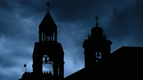Lightning and Thunderstorm flash over Bell Tower Of Nativity Church in Bethlehem Stock Footage 154529709