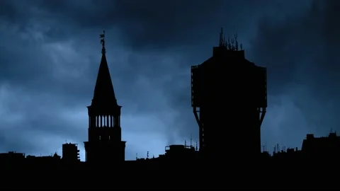 Lightning and Thunderstorm Flash over Milan skyline, with Velasca Tower in Si Stock Footage 163891250