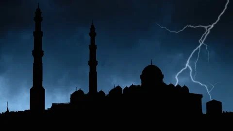 Lightning and Thunderstorm Flash over Skyline of Al Mina Mosque, Hurghada, Egypt Stock Footage 202011949