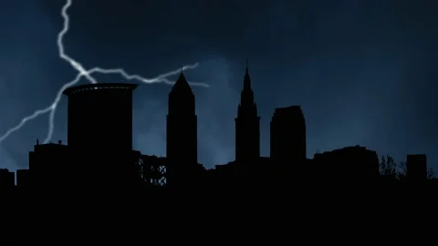 Lightning and Thunderstorm Flash over Cleveland Downtown Skyscrapers, Ohio US Stock Footage 232659920