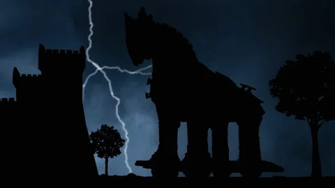 Lightning and Thunderstorm flash over the Trojan Horse, the Symbol of Troy War Stock Footage 236285611
