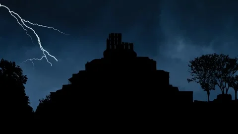 Lightning and Thunderstorm flash over Yucatan Mayan precolumbian ruins, Edzna Stock Footage 241690911