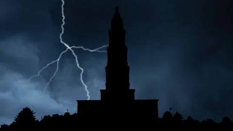 Lightning and Thunderstorm Flash over  Masonic Temple in Alexandria, Virginia Stock Footage 263452174