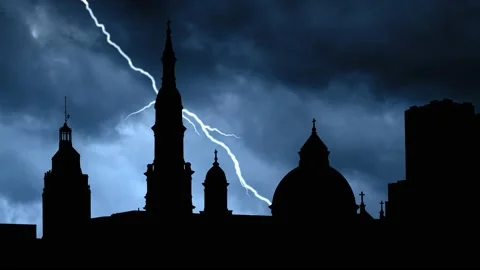 Lightning and Thunderstorm over Cathedral of the Blessed Sacrament in Sacramento Stock Footage 132633394