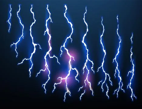 Lightning animation set with sparks. Electricity thunderbolt danger, light Stock Illustration