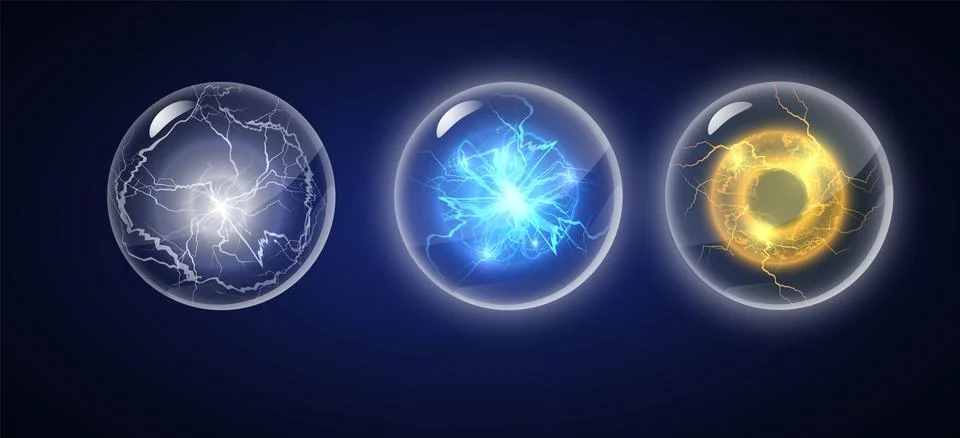 Lightning ball and ring in sphere shield vector set, plasma sphere, glowing Stock Illustration