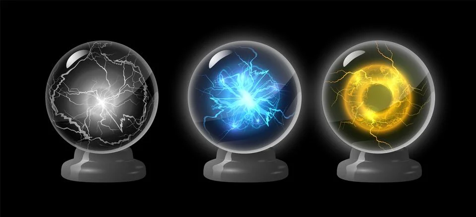 Lightning ball in sphere shield on stand vector set, plasma sphere, glowing Stockillustratie