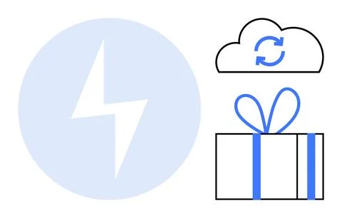 Lightning Bolt, Cloud Sync Symbol, and Gift Box with Bow in Minimalist Design Stock Illustration
