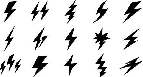 Lightning bolt collection featuring black thunder strike shapes for powerfu.. Stock Illustration
