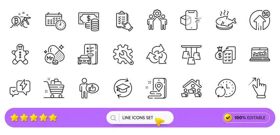 Lightning bolt, Customisation and Grocery basket line icons for web app Stock Illustration
