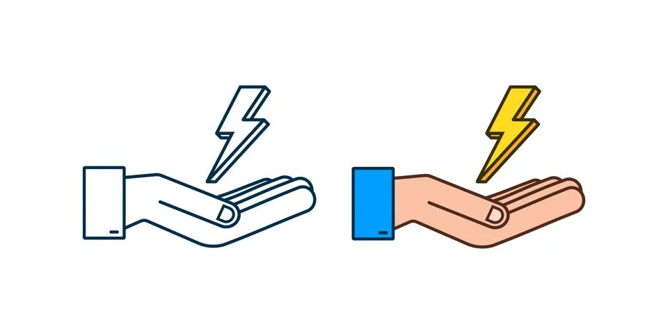 Lightning bolt in hands. Thunder bolt, lighting strike expertise. Vector Stock Illustration