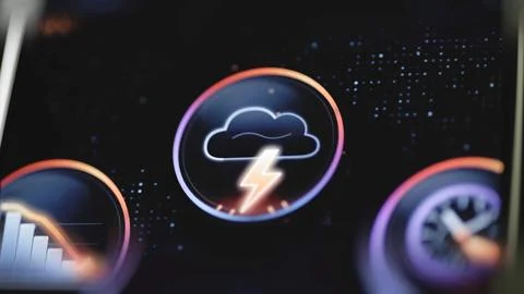 Lightning bolt illuminates cloud inside circular badge Stock Photos