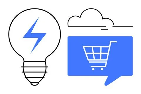 Lightning bolt inside lightbulb next to shopping cart in speech bubble under  Stock Illustration