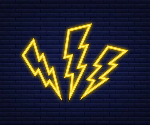 Lightning bolt neon set. Thunder bolt, lighting strike expertise. Vector Stock Illustration