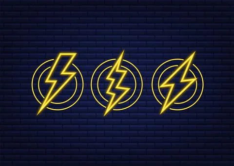 Lightning bolt neon set. Thunder bolt, lighting strike expertise. Vector Stock Illustration